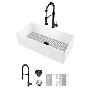 Matte Stone 36" Single Bowl Farmhouse Apron Front Undermount Kitchen Sink with Faucet in Black and Accessories