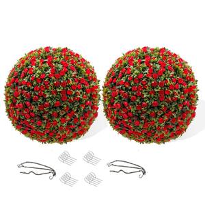 21. 6Inch Red Artificial Topiary Flower Balls, 2 PCS Hanging Grass Ball