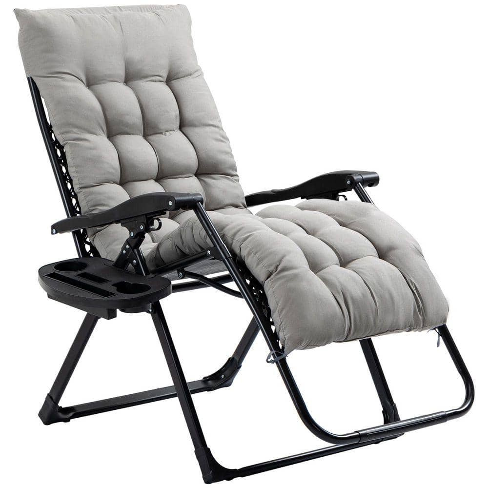 Metal Steel Zero Gravity Outdoor Folding Reclining Lounge Chair with Gray Padded Cushion and Side Tray