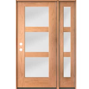 BRIGHTON Modern 50 in. x 80 in. 3-Lite Right-Hand/Inswing Satin Glass Teak Stain Fiberglass Prehung Front Door with RSL