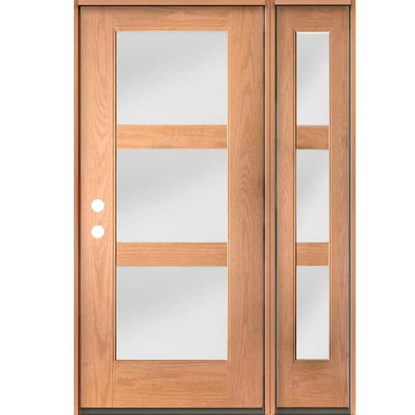 Krosswood Doors BRIGHTON Modern 50 in. x 80 in. 3-Lite Right-Hand/Inswing Satin Glass Teak Stain Fiberglass Prehung Front Door with RSL