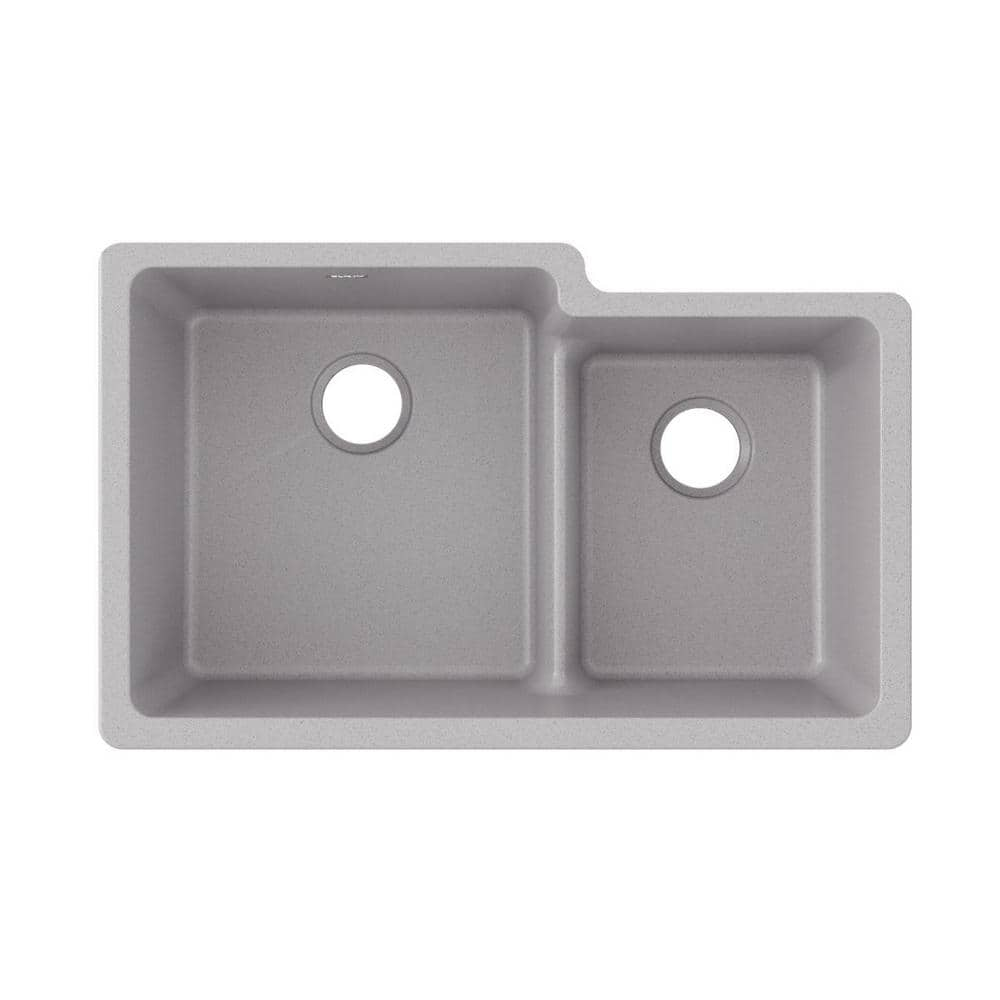 Elkay ELGULBO3322GS0 Quartz Classic 33  x 20-1/2  x 9-1/2   Offset Double Bowl Undermount Sink with Aqua Divide  Greystone