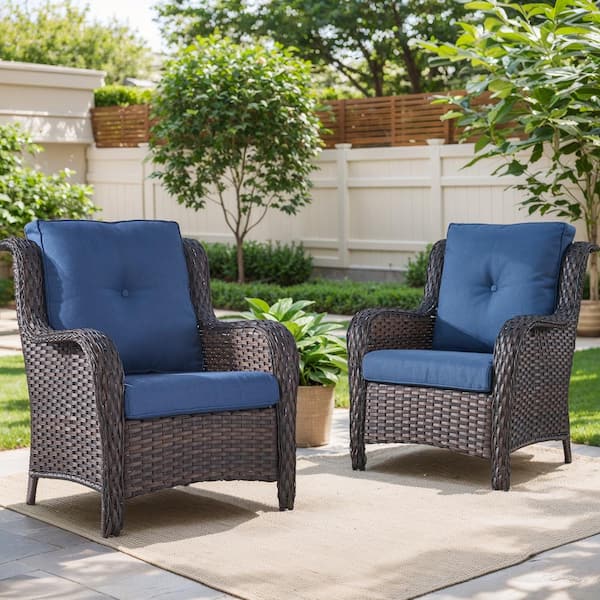 Arcline Porch Brown Wicker Outdoor Lounge Chair with Blue Cushions (2-Pack)