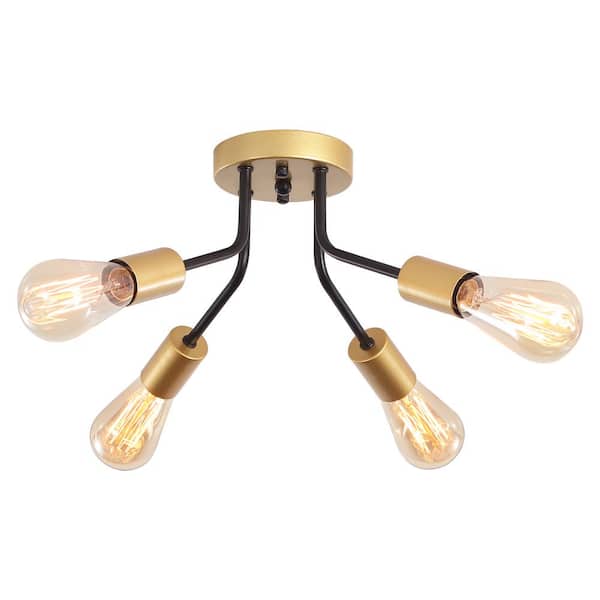 ZJVAIVE 14.76 in. 4-light Black/Gold Modern Linear Semi- Flush Mount for Foyer with No Bulbs Included