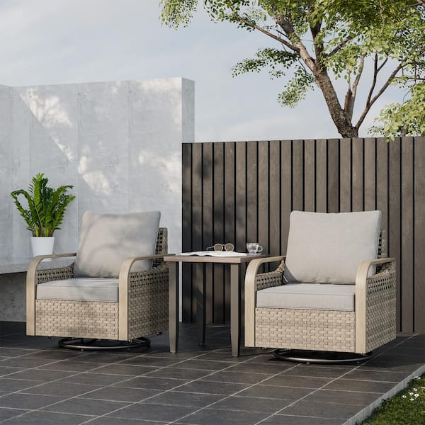 3-Piece Brown Wicker Patio Swivel Rocking Bistro Set with Gray Cushions