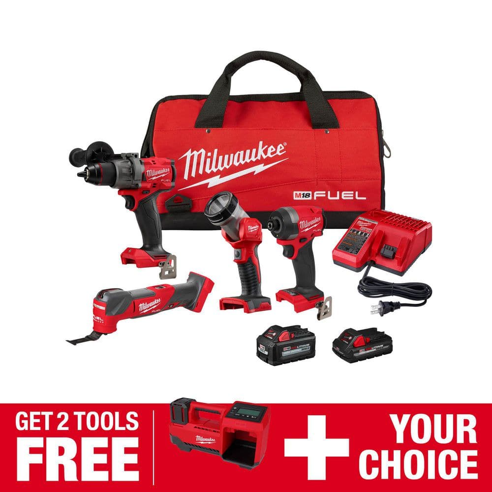 Milwaukee M18 FUEL 18-Volt Lithium-Ion Brushless Cordless Combo Kit (4-Tool) with Cordless Inflator -  3698-24-2848