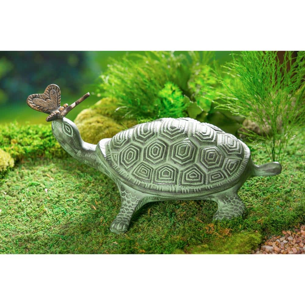 Verdigris Green Metal Turtle Garden Sculpture with Bronze Butterfly