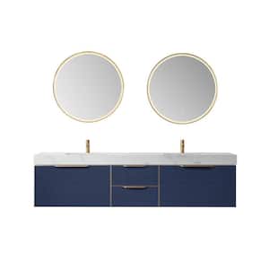 Alicante 84 in. W x 21 in. D x 22 in. H Double Sink Bath Vanity in Blue with White Composite Stone Top and Mirror