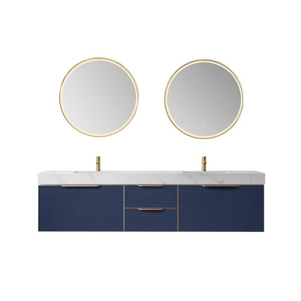ROSWELL Alicante 84 in. W x 21 in. D x 22 in. H Double Sink Bath Vanity in Blue with White Composite Stone Top and Mirror