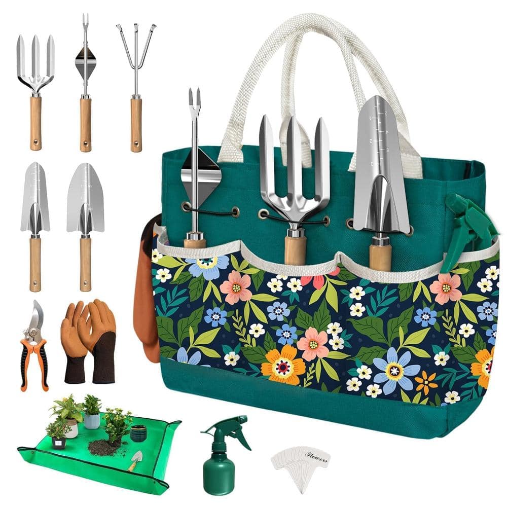 小物 N.GARDENS 15.8 in Gardening Tool Set Heavy Duty with Tote Dark Green 22