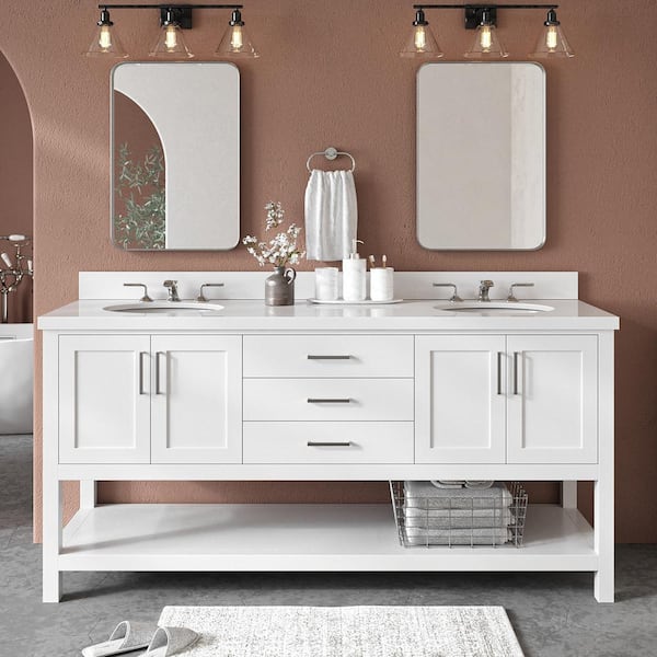 ARIEL Magnolia 73 in. W x 22 in. D x 36 in. H Bath Vanity in White with White Pure Quartz Vanity Top with Basins