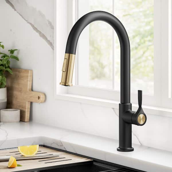 Torak 2-Function Spot Free Brushed Brass/Matte Black 16.75 in. H Pull Down Kitchen Faucet with 360° Spout Swivel