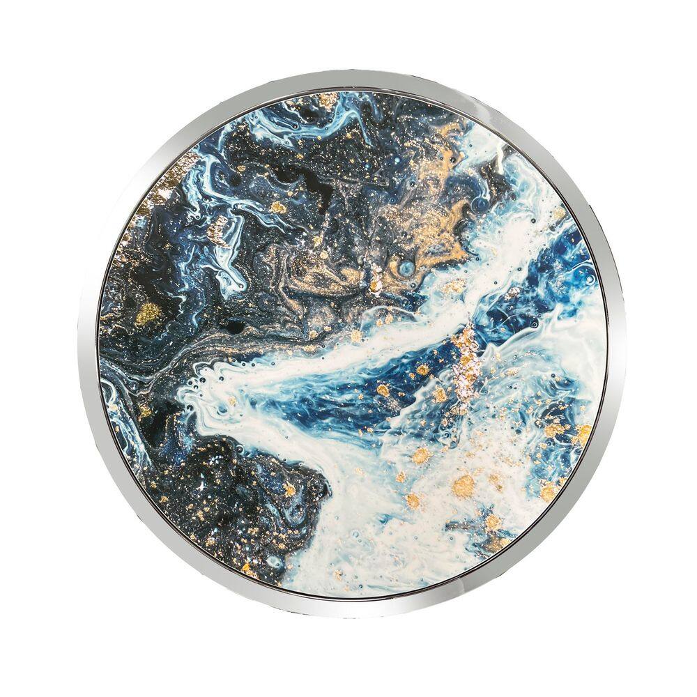 Lyda Round Blue Marble Print and Chrome End Table