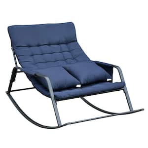 2-Seater Modern Accent Metal Outdoor Rocking Chair with Navy Blue Cushions, Pillow and Removable Cushion