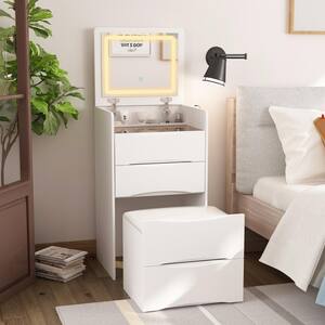 White Wood 3-Drawer Chest of Drawers with With Flip-top Mirror, Glass Top, LED Lights, Stool (18.7 in. W x 15.7 in. D)