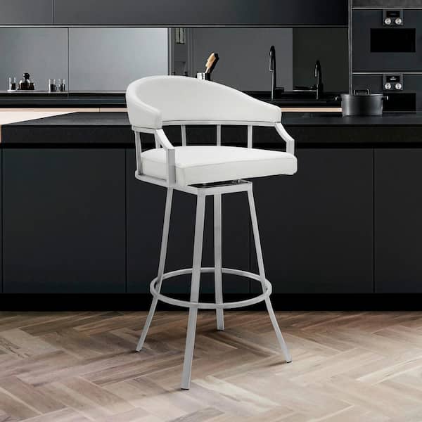 Armen Living Palmdale Brushed Stainless Steel Swivel Modern Faux Leather Bar and Counter Stool