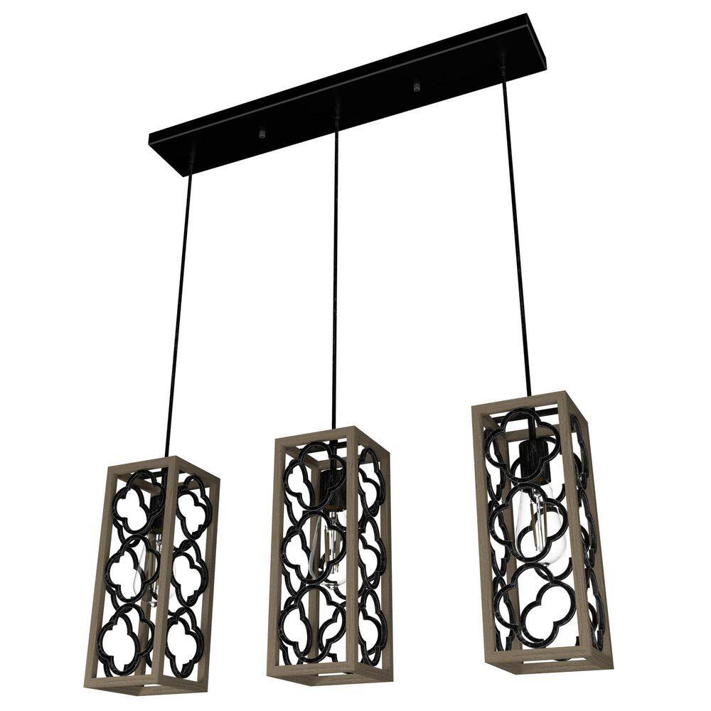 French Oak and Black Aluminum 3-Light Pendant