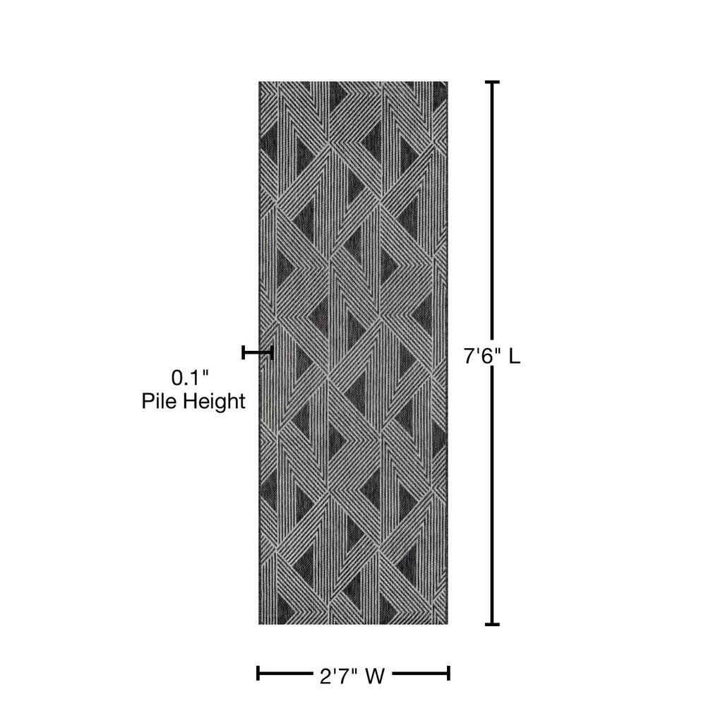Contemporary Geometric Black Synthetic 2'7" x 7'6" Runner Rug