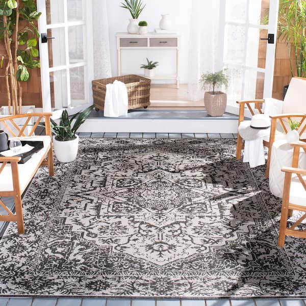 Beach House Light Gray/Charcoal 7 ft. x 7 ft. Square Oriental Indoor/Outdoor Patio  Area Rug