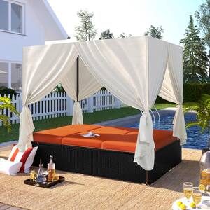 Black Wicker Outdoor Patio Day Bed, Chaise Lounge Sunbed with Overhead Curtains and Adjustable Backrest, Orange Cushion