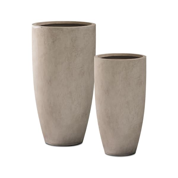 KANTE 31.4" and 23.6"H Weathered Finish Concrete Tall Planters (Set of 2), Large Outdoor Indoor w/Drainage Hole & Rubber Plug