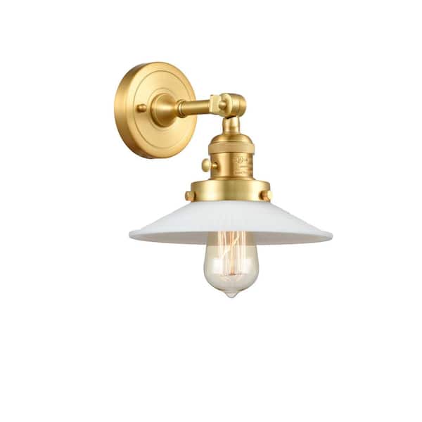 Halophane 1-Light Satin Gold, Matte White Halophane Wall Sconce with White Glass Shade