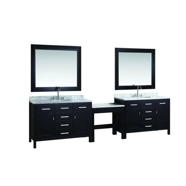 Design Element Two London 48 in. W x 22 in. D Vanity in Espresso with Marble Vanity Top in Carrara White, Mirror and Makeup Table