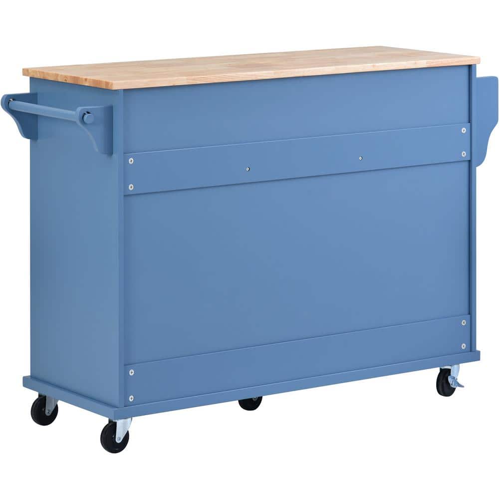 Blue Wood 53" Rolling Kitchen Cart with Spice Rack and Storage