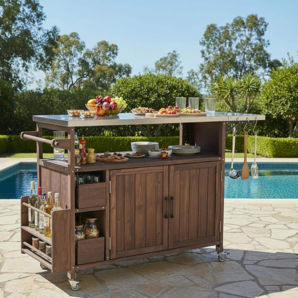 "54.33"" Farmhouse Outdoor Kitchen Cart, Solid Wood Frame, Stainless Steel Top, Spice Rack, Towel Rack, Lockable Wheels" price history on PriceWatchPro