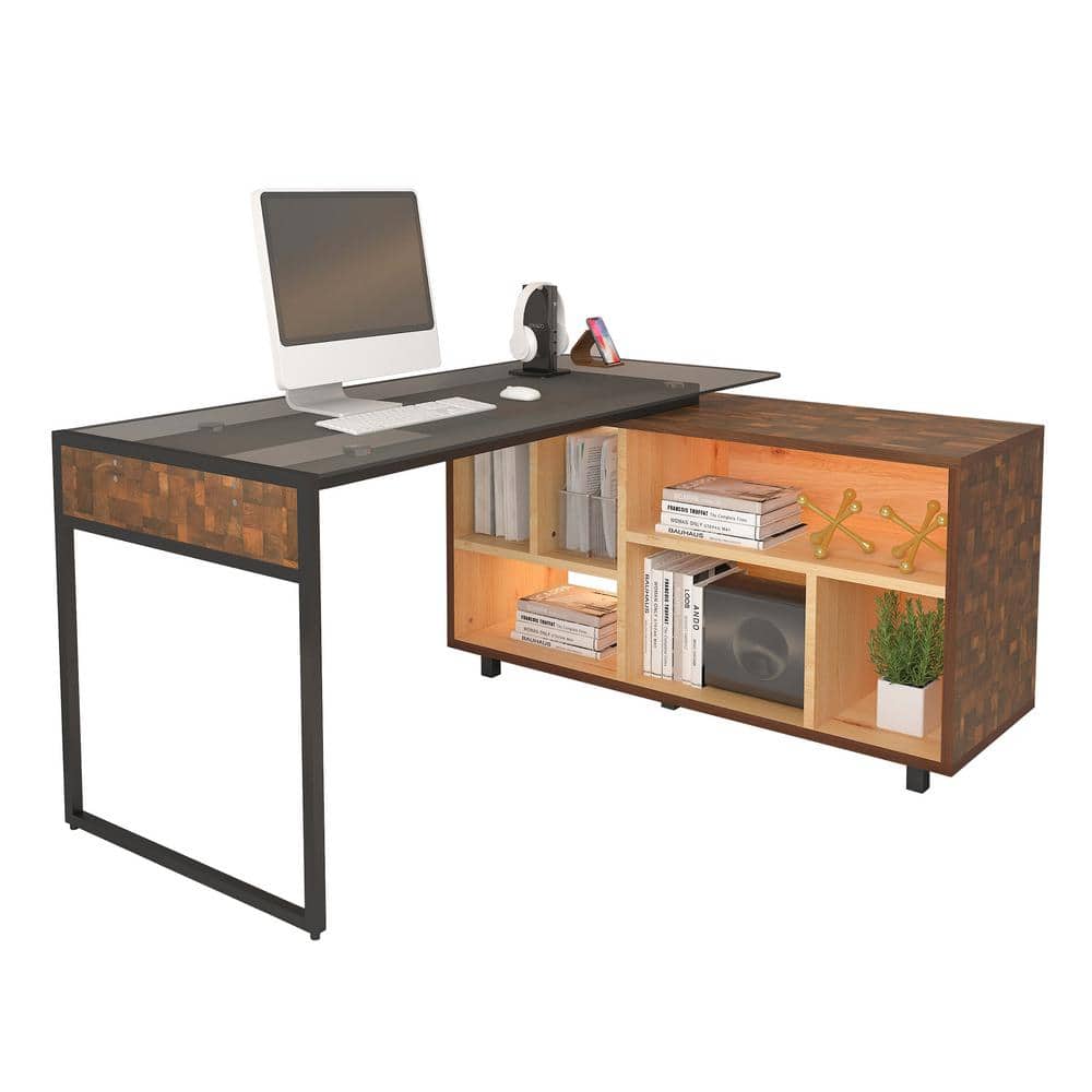 Elegant Rustic Oak L-Shaped Desk with Glass Top & Storage