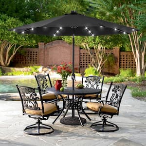 9 ft. Solar Lighted LED Outdoor Patio Market Table Umbrella in Black, UV-Resistant Canopy and Tilt Button