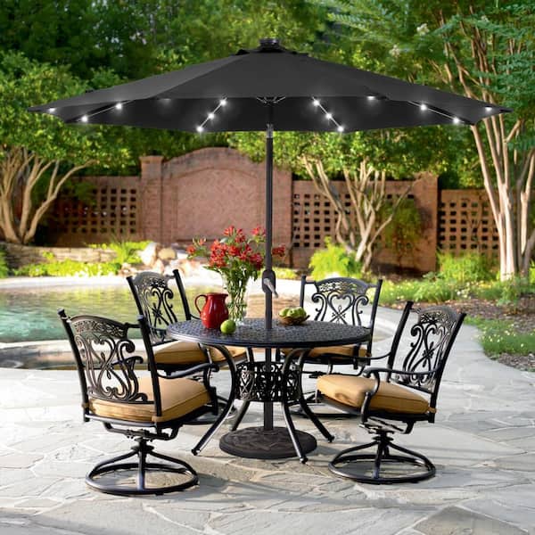Sonkuki 9 ft. Solar Lighted LED Outdoor Patio Market Table Umbrella in Black, UV-Resistant Canopy and Tilt Button