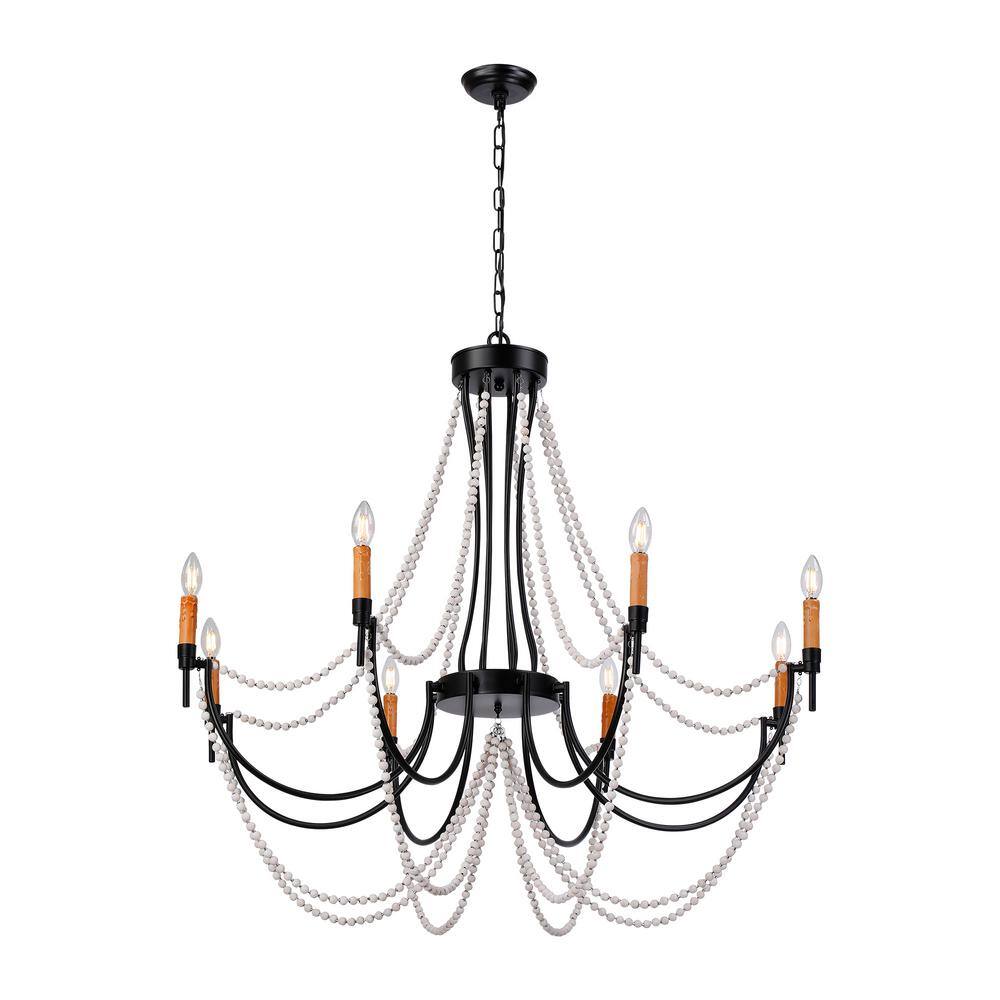 Alicia 8-Light Black Rustic Candle Chandelier for Living Room with Wooden B