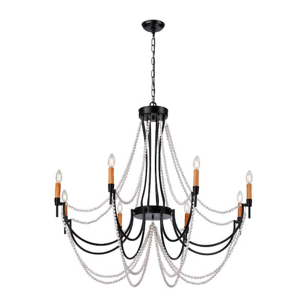 Unbranded Alicia 8-Light Black Rustic Candle Chandelier for Living Room with Wooden Bead Strands No Bulbs Included