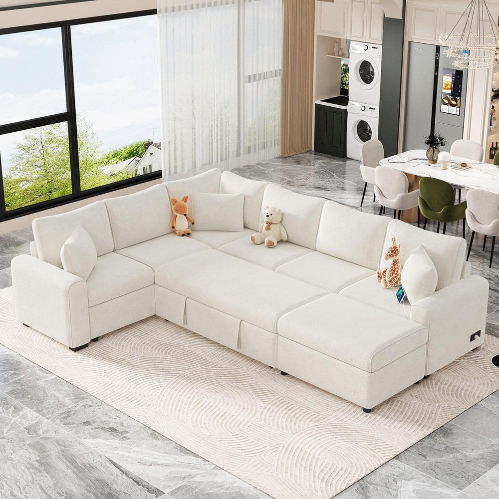112 in. Chenille Sectional Sofa in Cream with Pull-out Sofa Bed Sleeper, St