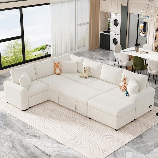 112 in. Chenille Sectional Sofa in Cream with Pull-out Sofa Bed Sleeper, Storage Ottoman, 3 Pillows and Charging Devices