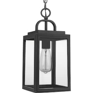 Grandbury Collection 1-Light Textured Black Clear Glass Farmhouse Outdoor Hanging Lantern Light