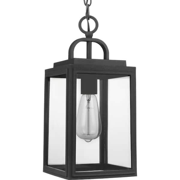 Grandbury Collection 1-Light Textured Black Clear Glass Farmhouse Outdoor Hanging Lantern Light