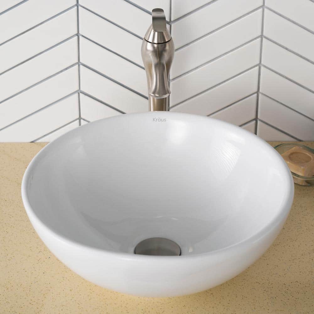 White Round Ceramic Vessel Bathroom Sink, 16 Inch