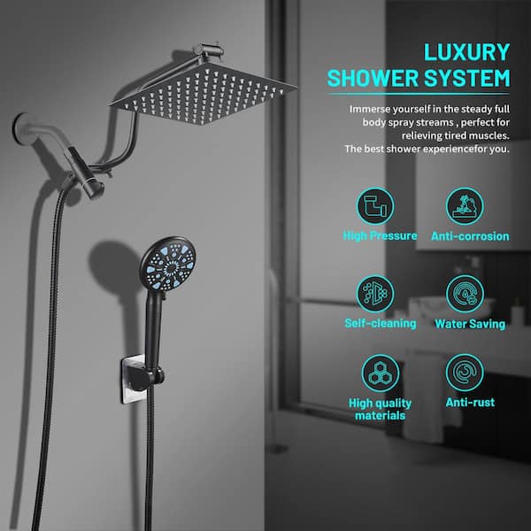 Rainfull 2-in-1 9-Spray Patterns Adjustable Fixed Shower Head with Filter 2.5 GPM and Handheld Shower Head in Black
