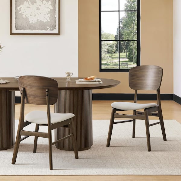 Anya Cream/Walnut Fabric Modern Ergonomic Upholstered Dining Chairs with Contoured Low Back for Dinning Room (Set of 2)