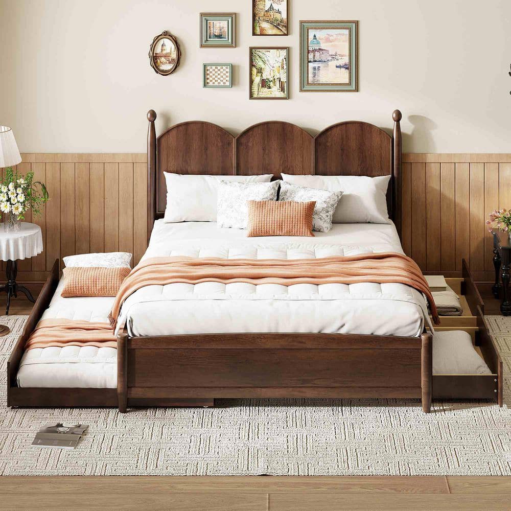 Walnut Brown Wood Frame Queen Upholstered Platform Bed with 2 Big Drawers, Twin XL Size Trundle - thumbnail 5