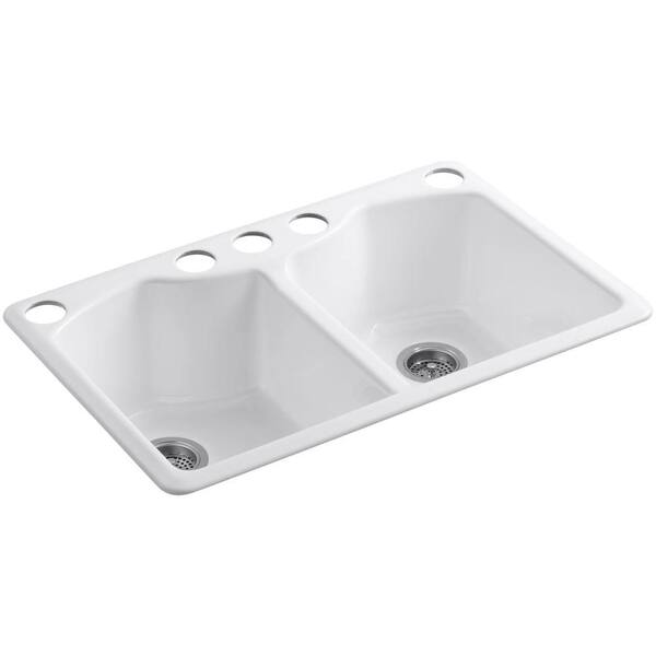 KOHLER Bellegrove Undermount Cast-Iron 33 in. 5-Hole Double Bowl Kitchen Sink with Accessories in White