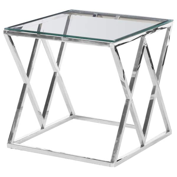 Best Master Furniture Santa Ana Glass with Stainless Steel Square 21.5 in. End Table Silver