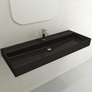 Milano Matte Black 47.75 in. 1-Hole Wall-Mounted Fireclay Rectangular Vessel Sink with Overflow