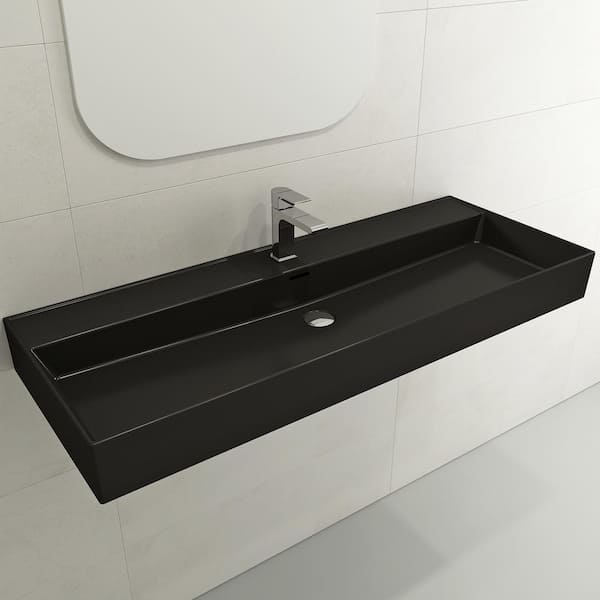 BOCCHI Milano Matte Black 47.75 in. 1-Hole Wall-Mounted Fireclay Rectangular Vessel Sink with Overflow