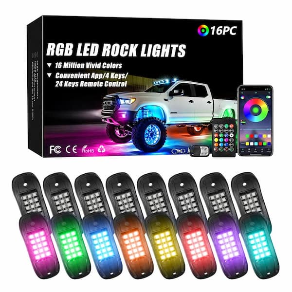16-Pod RGB LED Rock Light Kit with App and Remote Control, Brake Warning and Music Sync for Trucks UTVs