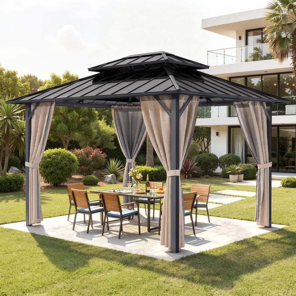Norcrest 10 ft. x 12 ft. Metal Hardtop Outdoor Gazebo with Double Roof  with Nettings and Khaki Curtains price history on PriceWatchPro