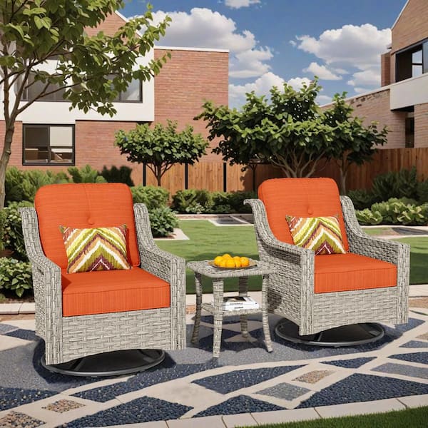 3-Piece Wicker Swivel Outdoor Rocking Chairs Patio Conversation Set with Stripe Orange Red Cushions and Side Table