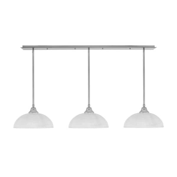 Livingston 3-Light Brushed Nickel Linear Chandelier for Kitchen Island with 13 in. Clear Ribbed Glass Shades, No Bulbs